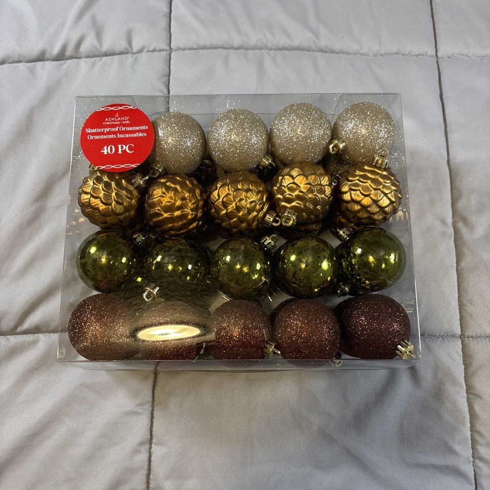 Ashland 40 count shatterproof Christmas ornaments Gold Copper Olive Green Brown